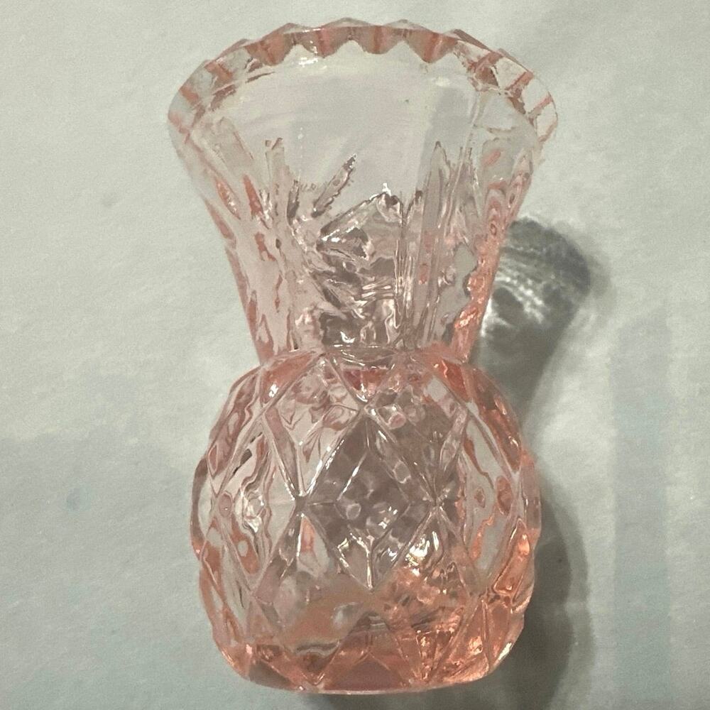 Vintage Thistle Posey Bud Vase Pink Glass Mini Flowers Toothpick Holder 2.75